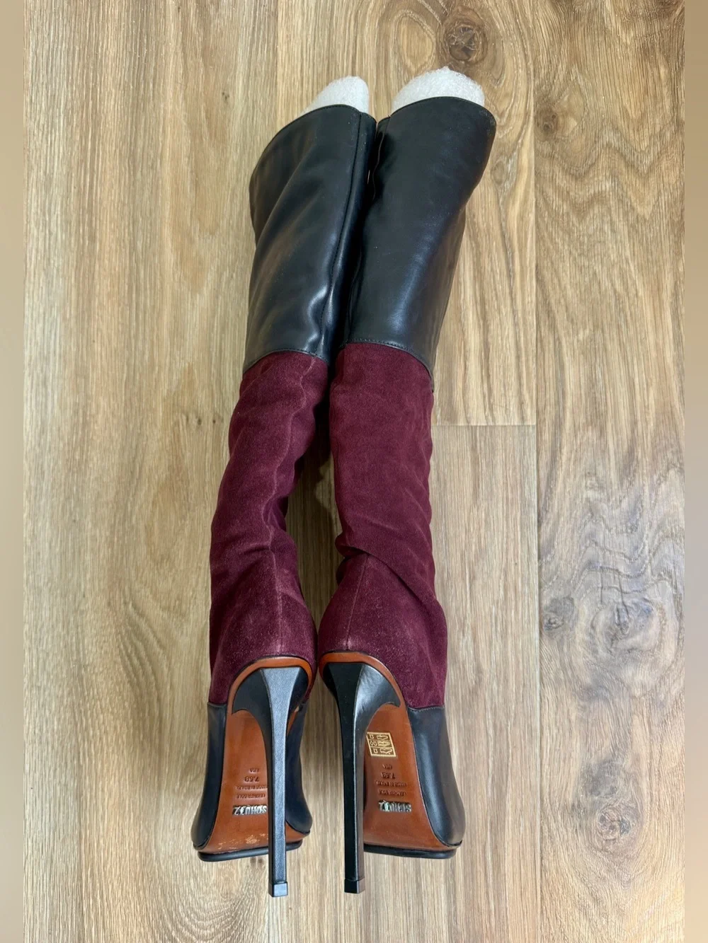 Schutz Leather & Suede Colorblock Over-the-Knee Boots Size 7.5B Burgundy Black